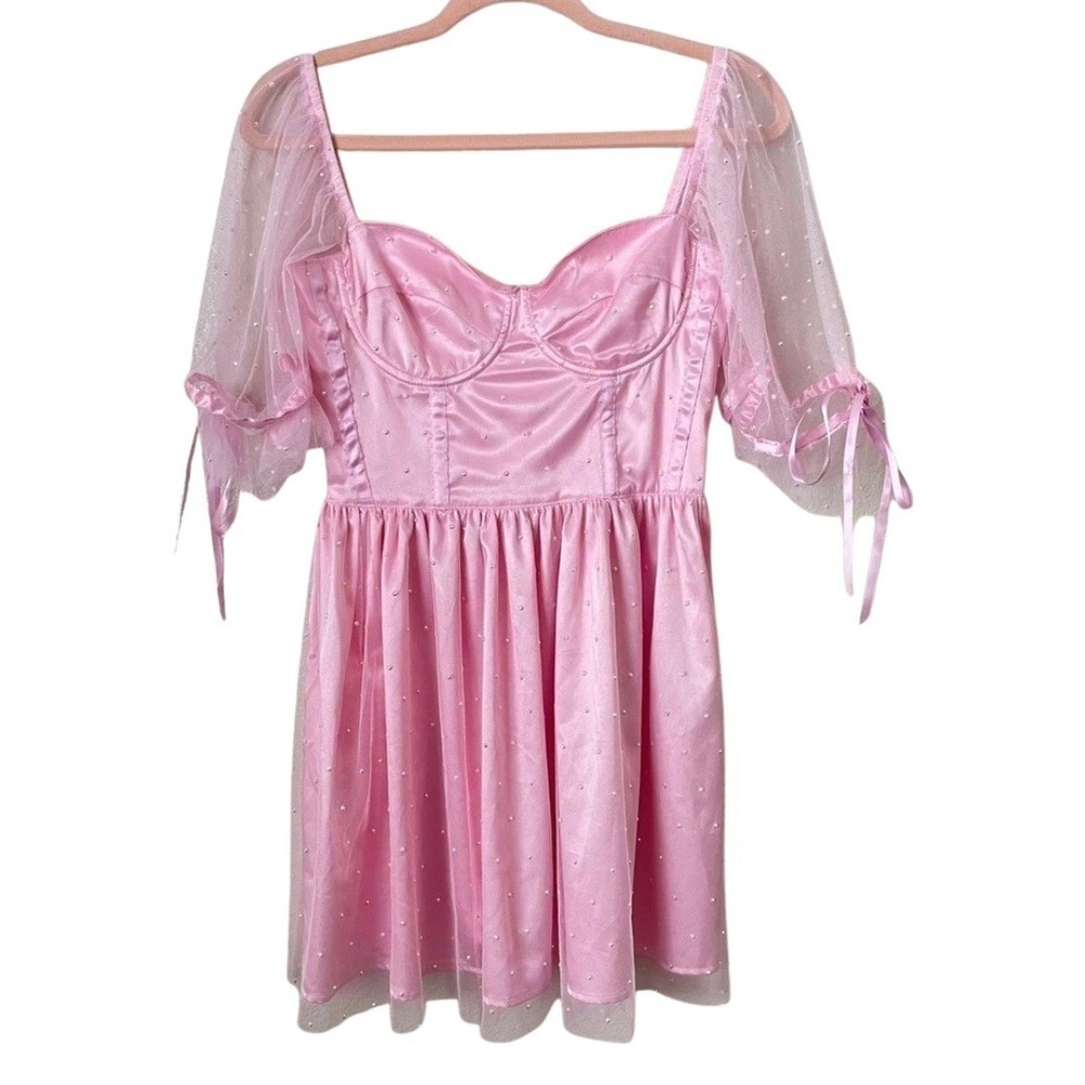 Sugar Thrillz Dress Womens Small Pink Rhinestone Babydoll Corset Mini Valentines
